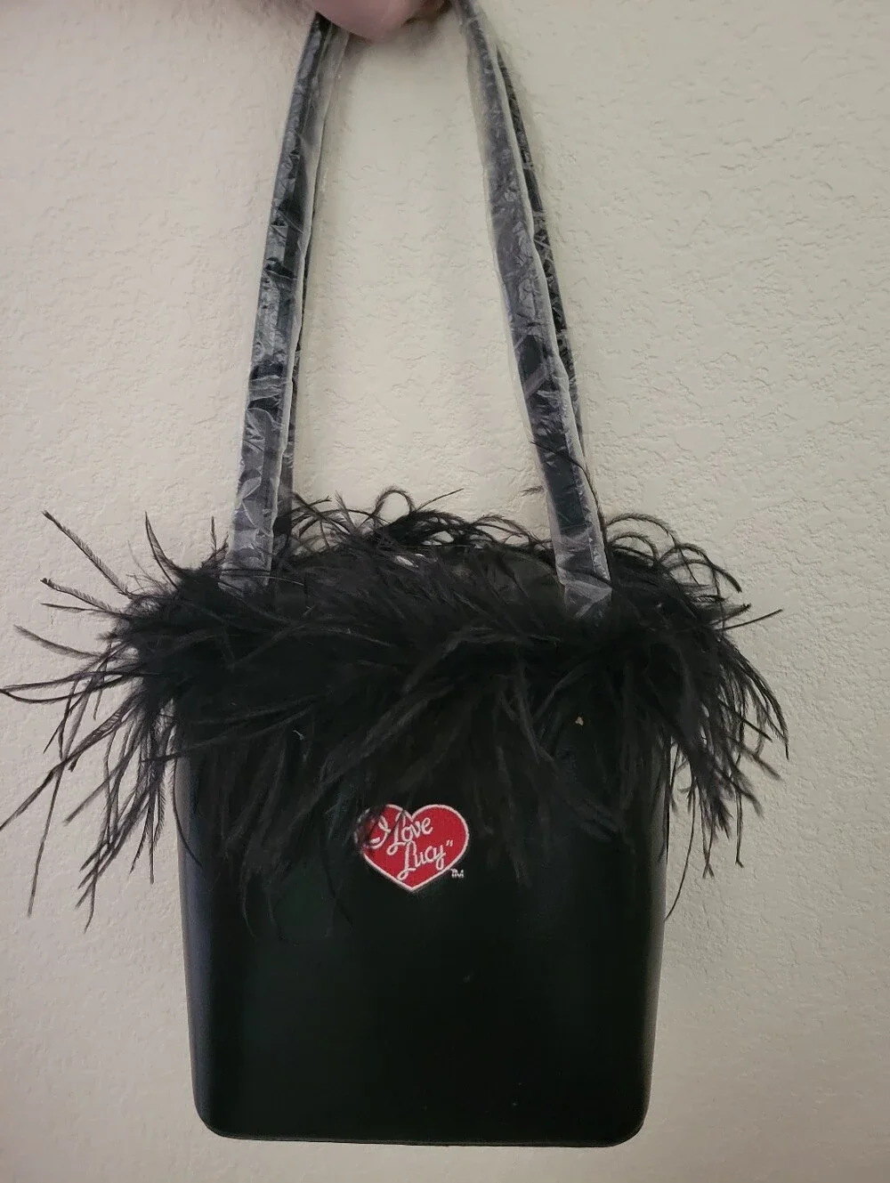 Unique Black “I Love Lucy” themed handbag w/black Ostrich Style Feathers